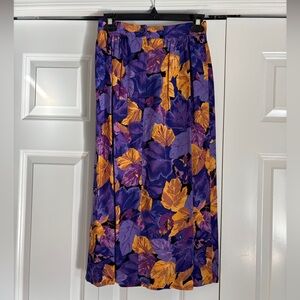Vintage 80s Purple & Gold Floral Midi Skirt